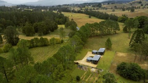 View on a farm on green hills surrounded by forests and mountains.