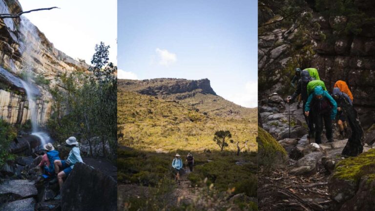 Three pictures showing people hiking in the mountains.